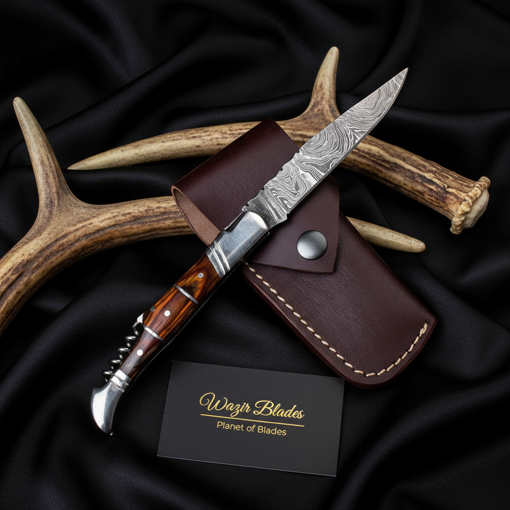 Handmade Damascus Steel Folding Knife with Wine Corkscrew – Custom Pocket Knife Gift for Men - Image 3