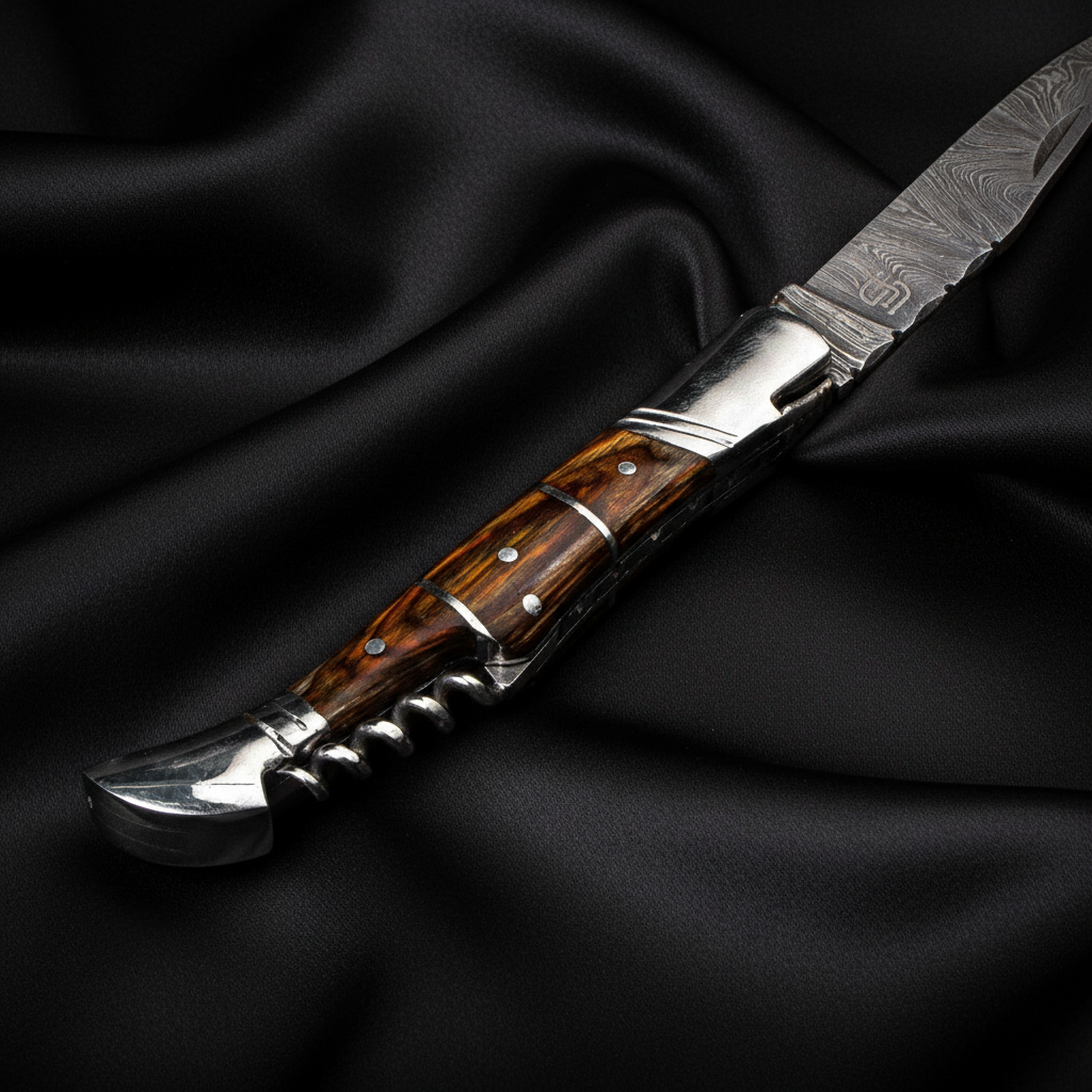 Handmade Damascus Steel Folding Knife with Wine Corkscrew – Custom Pocket Knife Gift for Men - Image 6