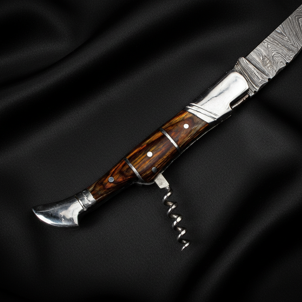 Handmade Damascus Steel Folding Knife with Wine Corkscrew – Custom Pocket Knife Gift for Men - Image 4